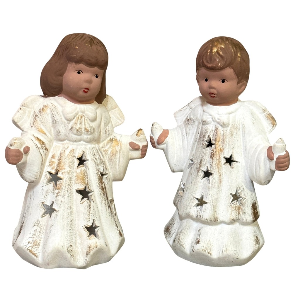 Vintage‎ Ceramic Angel Candle Holders White Gold Stars Cutout Christmas Decor